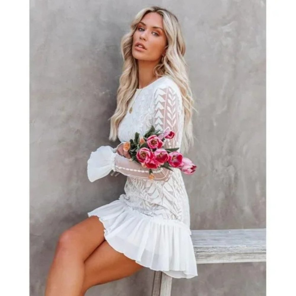 Saints + Secrets The Only Muse White Match Made In Heaven Mini Lace Dress.  SZ S
